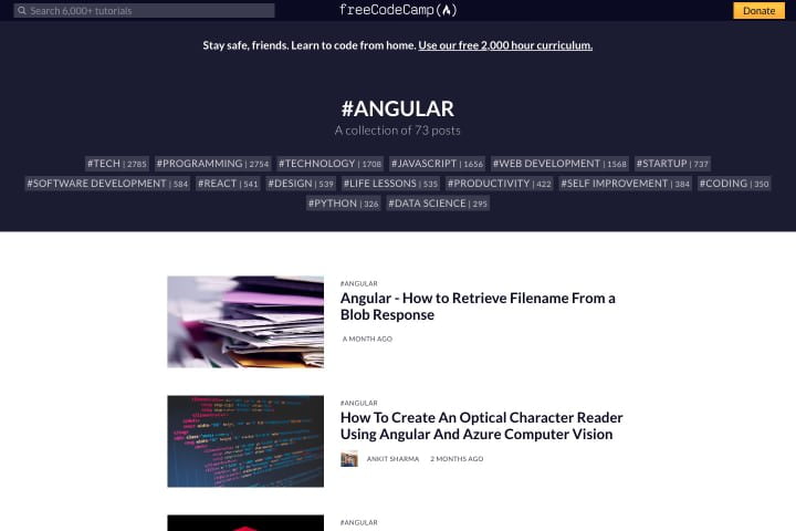 Danh sách các bài báo Angular và các bài đăng trên trang web FreeCodeCamp.org