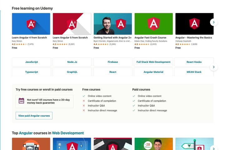 Danh sách các khóa học Angular miễn phí trên trang web Udemy