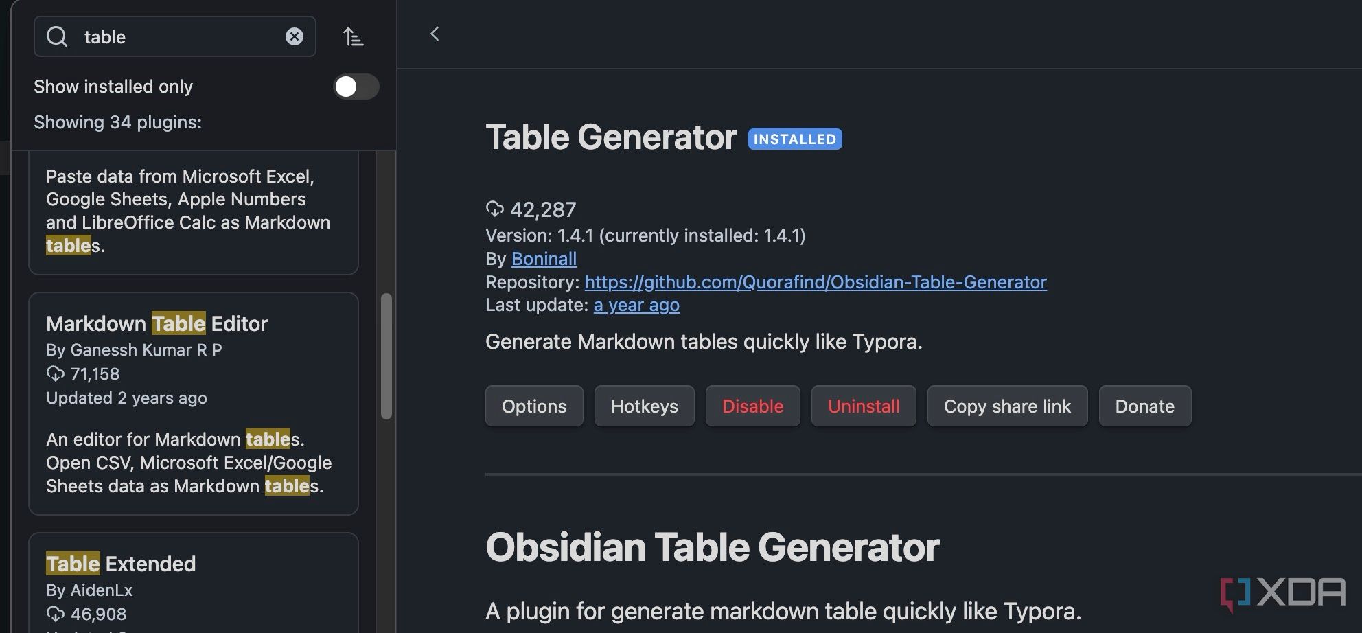 Cài đặt Table Generator trong Obsidian