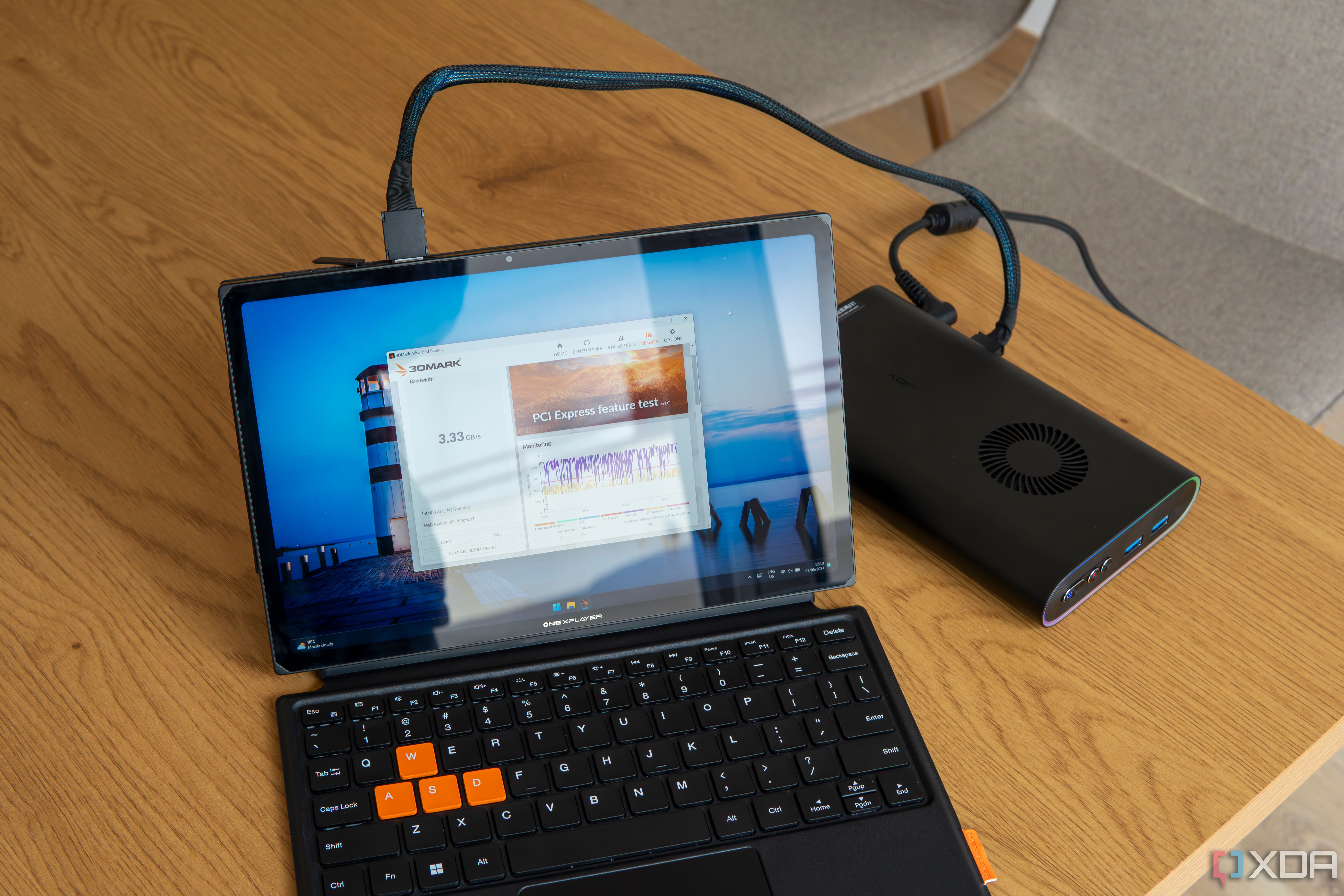 A One Xplayer X1 tablet with a OneXGPU connected via OCuLink showing benchmark results