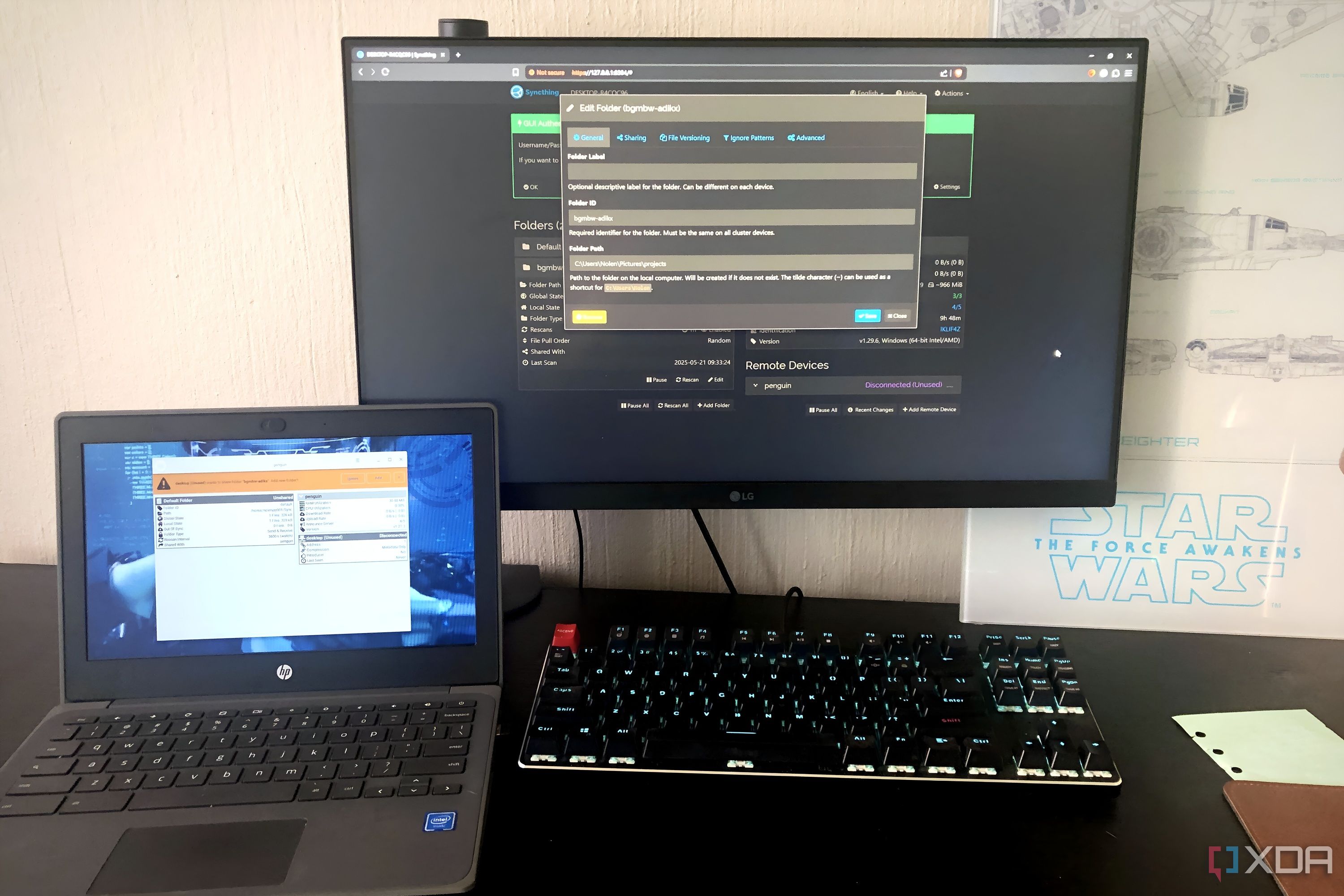Syncthing displayed on Windows desktop and Chromebook