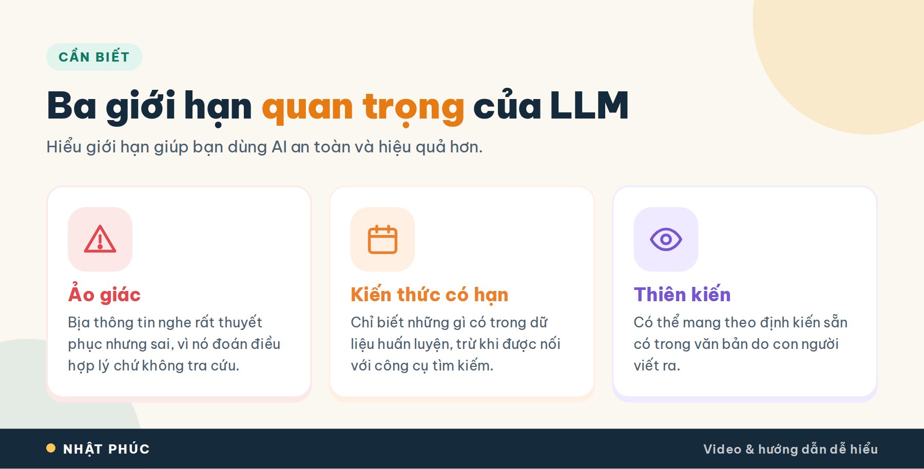 LLM là gì? Mô hình ngôn ngữ lớn hoạt động như thế nào? 12 Ba giới hạn của LLM: ảo giác, kiến thức có hạn và thiên kiến từ dữ liệu